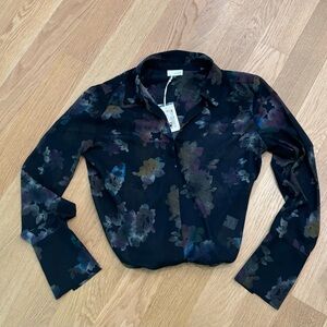 Ecru sheer black floral blouse Size XS